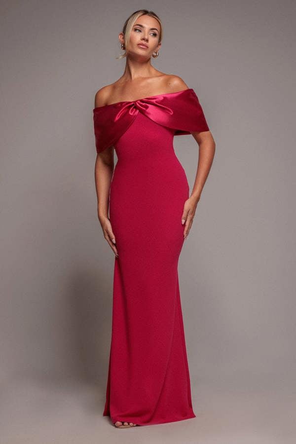 Twist Knot Satin & Scuba Bardot Maxi Dress - Magenta DR4575