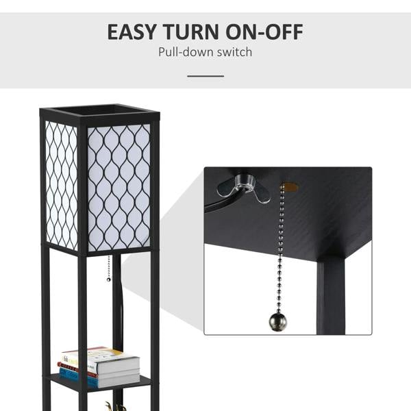 Black shelf standing lamp with pull-down switch; open shelves and lattice shade