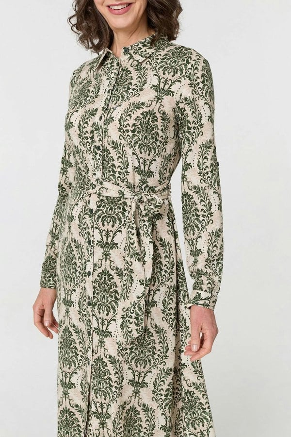 Green | Baroque Print Tie Waist Midi Shirt Dress
