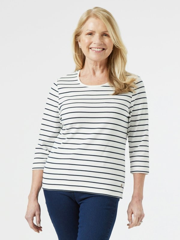 PennyPlain Round Neck Striped Top - Ivory