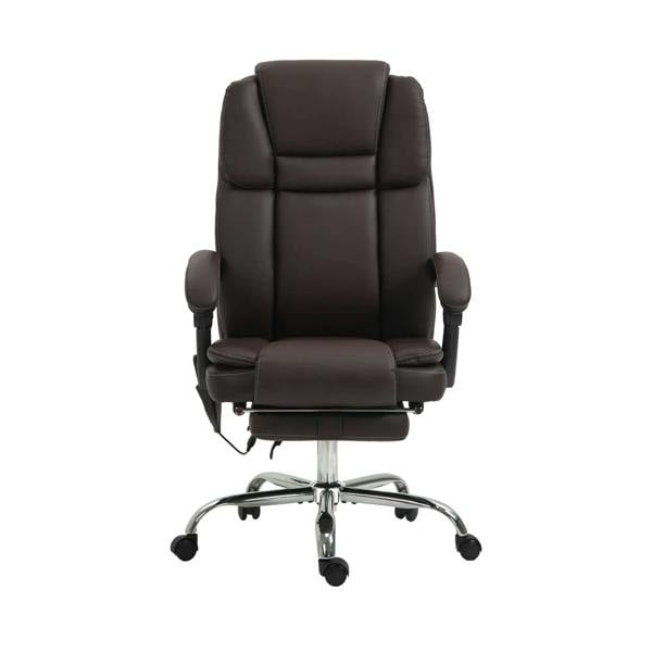 Dark brown padded office massage chair with headrest, armrests, and wheeled base