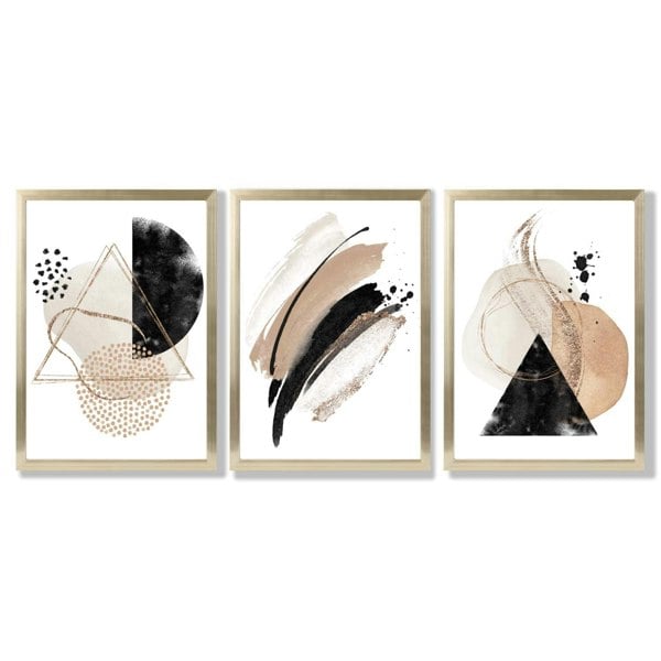 Artze Wall Art Abstract Black Beige Set of 3 Watercolour Shapes Framed Wall Art
