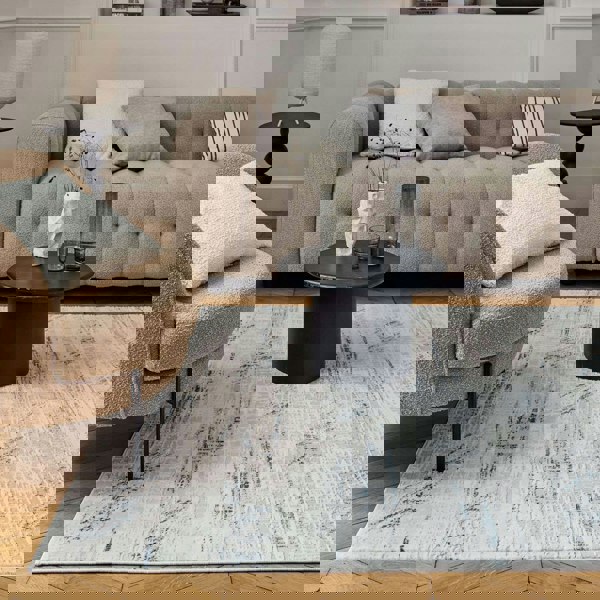 abstract rug, blue-cream colours, anti-allergic, and non-static properties