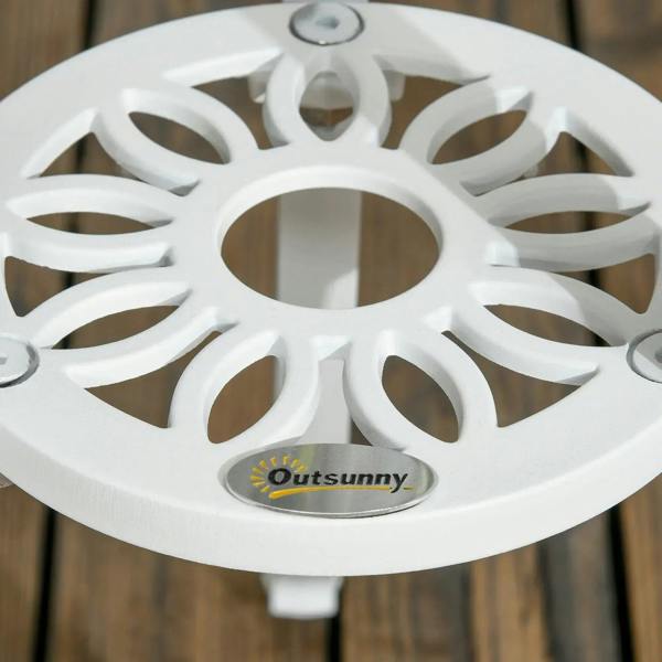 Close-up of white round table top base with rosette design and Outsunny badge
