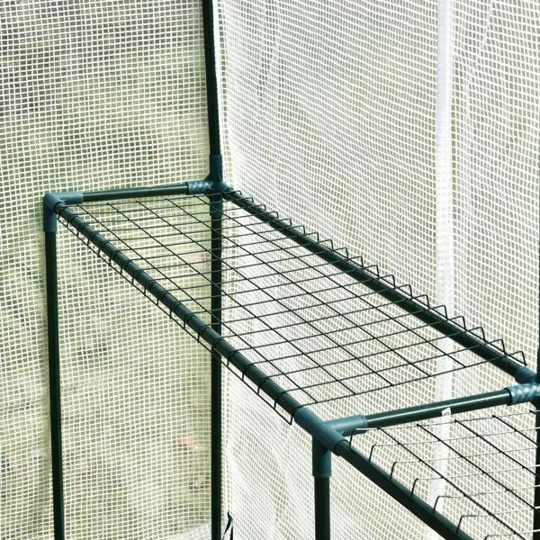 Walk-in greenhouse two-tier wire shelf with dark frame inside polytunnel