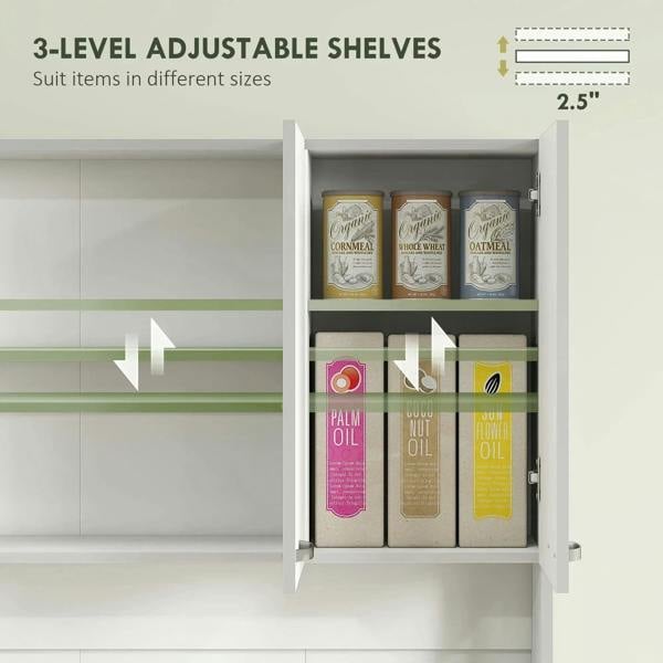 White cabinet door opening showing three adjustable shelves inside for pantry storage