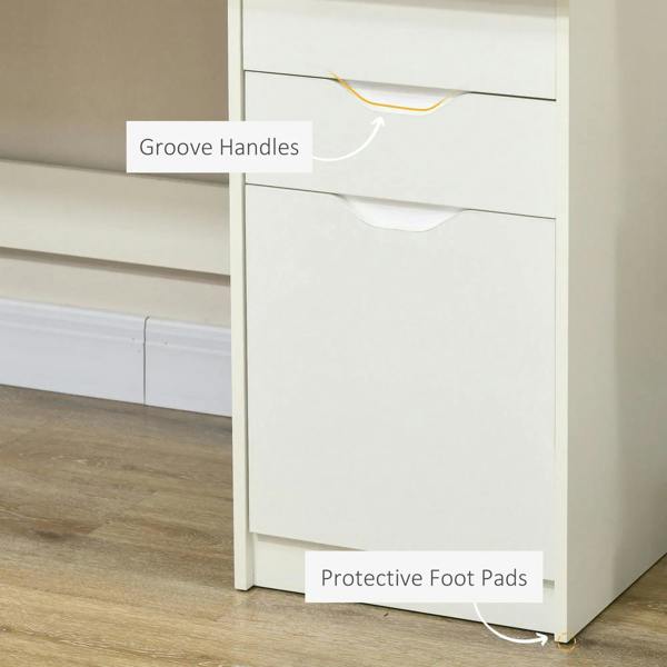 White desk drawer front with groove handle and protective foot pads at base
