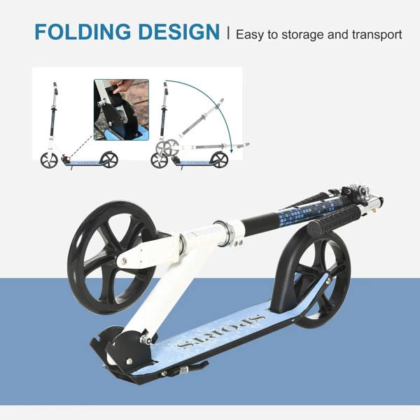 Folding kids kick scooter with blue deck, white frame, and black wheels