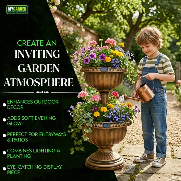 My Garden Outdoor Living MY Garden Planter 2 Tier with Solar Powered 8 LEDs-Tower Flower Planter with Bronze Antique Effect-Weather Resistant
