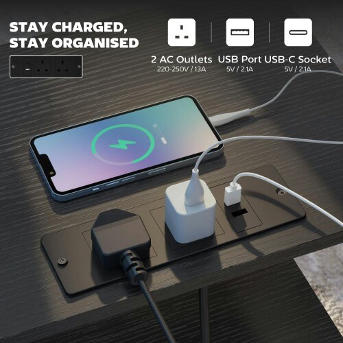 Wyld Haus Pado Metal Black Bedside Table 2 Grey Fabric Fold Down Drawers With Integrated Charging Station