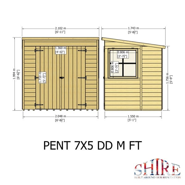 Shire 7x5 double door Pent shed 12mm shiplap interlock cladding