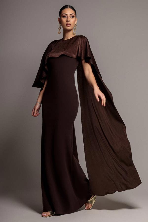 Goddiva Scoop Neck Velvet Satin Cape Sleeve Maxi Dress - Brown DR5074
