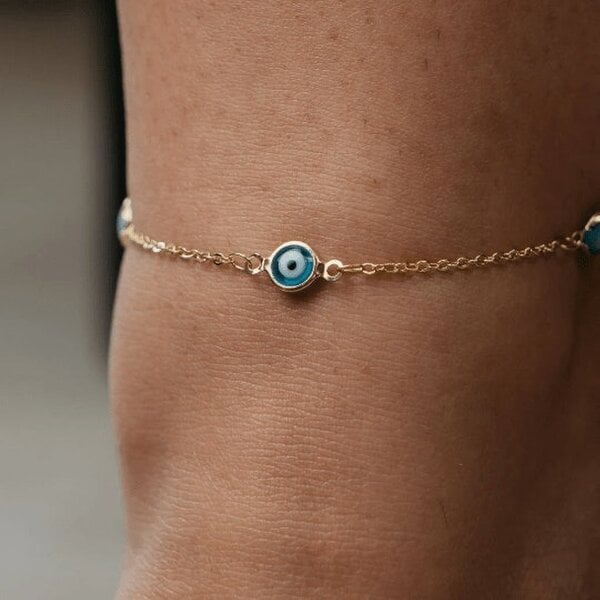 The Colourful Aura Golden Evil Eye Protection Turkish Greek Adjustable Nazar Foot Anklet - Gold