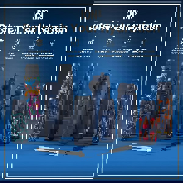 Several ION8 water bottles, in various sizes and designs, are displayed on a blue surface. They are shown alongside a straw and carrying strap. The background advertises material choices, sizes, designs, and accessories.