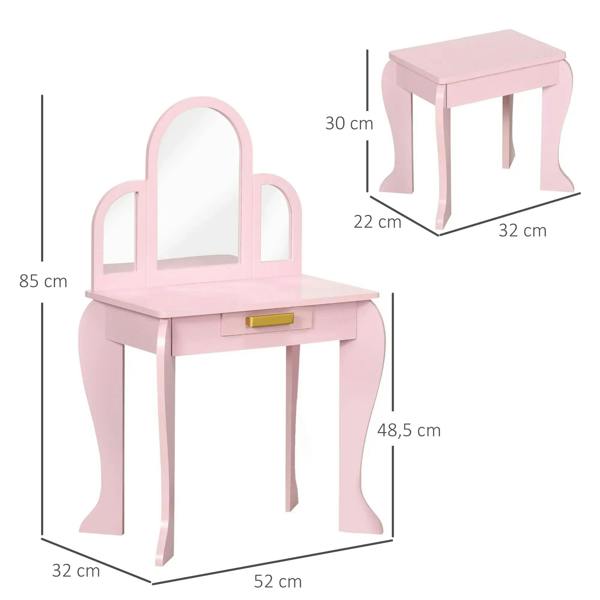 Pink kids vanity table with arched mirror and matching stool, with size markers