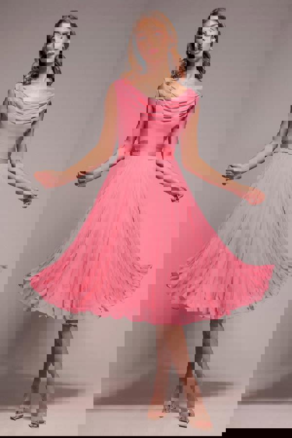 Cowl Neck Pleated A-Line Chiffon Midi Dress - Coral DR4501