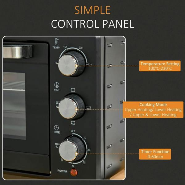 Black control panel with temperature, mode, and time knobs for countertop oven