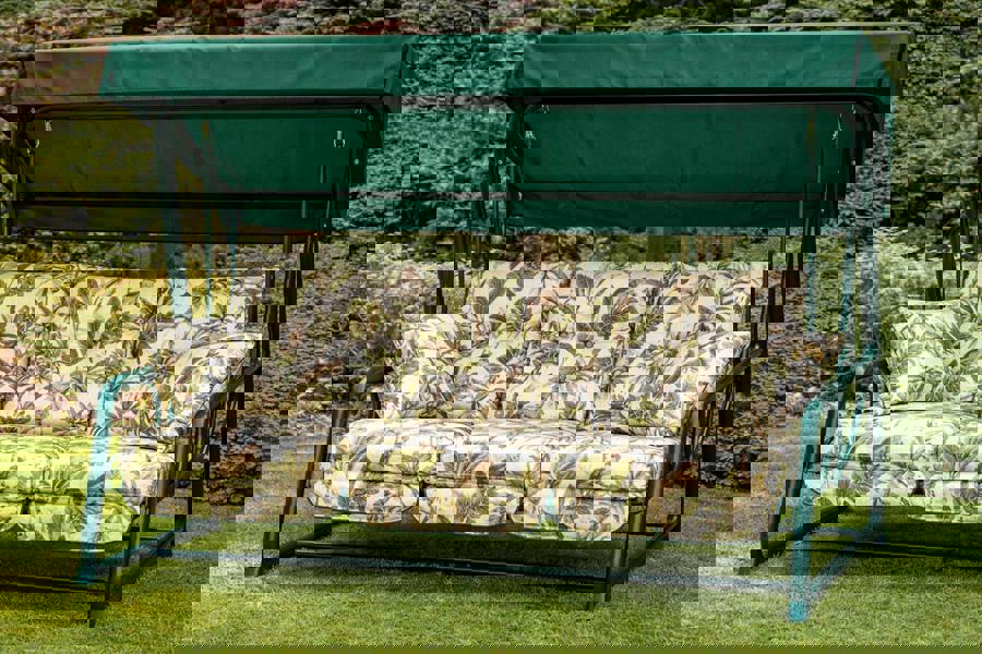 REPLACEMENT CUSHION ONLY Vienna Deluxe 3 Seater Garden Hammock (Pattern options available) 153cm (H) x 140cm (W) X 121cm (D) Tropical Green The Garden Furniture Shop