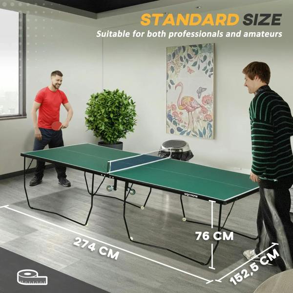 Green folding tennis table with net and black legs, compact frame with caster wheels