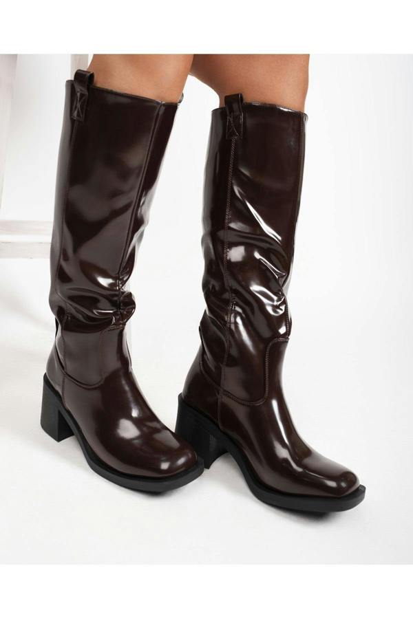 Verira Patent Knee High Block Heel Boots - Wine