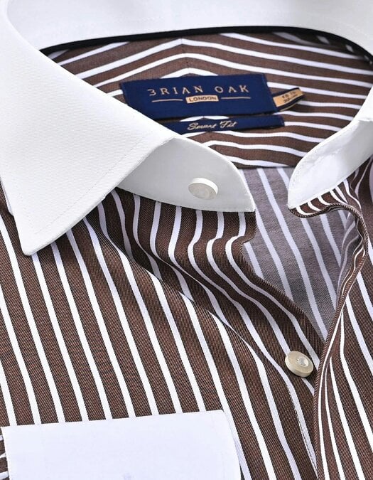 Men's Contrast Collar Striped Brown Formal Shirt