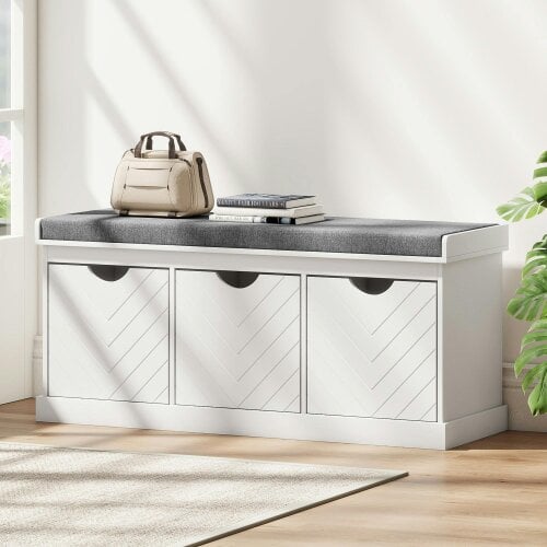 Wyld Haus Reco Nolu Wooden White 3 Drawer Shoe Bench With Grey Padded Seat