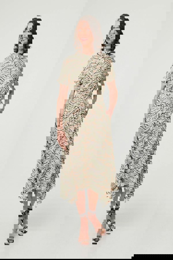 Green | Printed Short Sleeve Shirred Midi Dress
