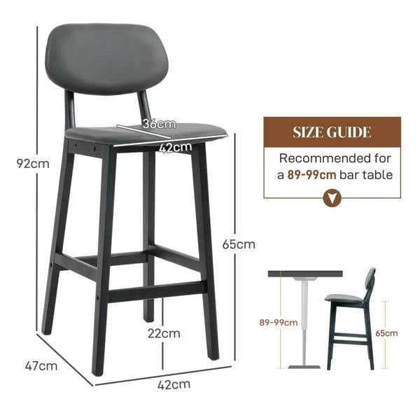 Dark grey bar stool with backrest, footrest, and solid wood legs