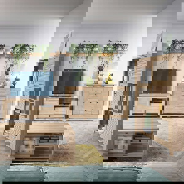 Furniture To Go Cestino 2 door 4 Drawer Sideboard in Jackson Hickory Oak and Rattan Effect