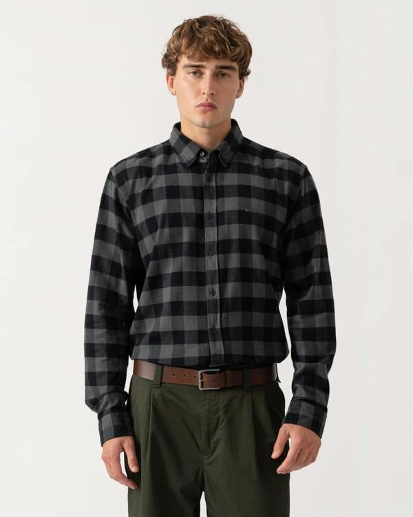 Model wearing BOSS Orange Rickert Mens Long Sleeve Check Shirt - Open Green 377