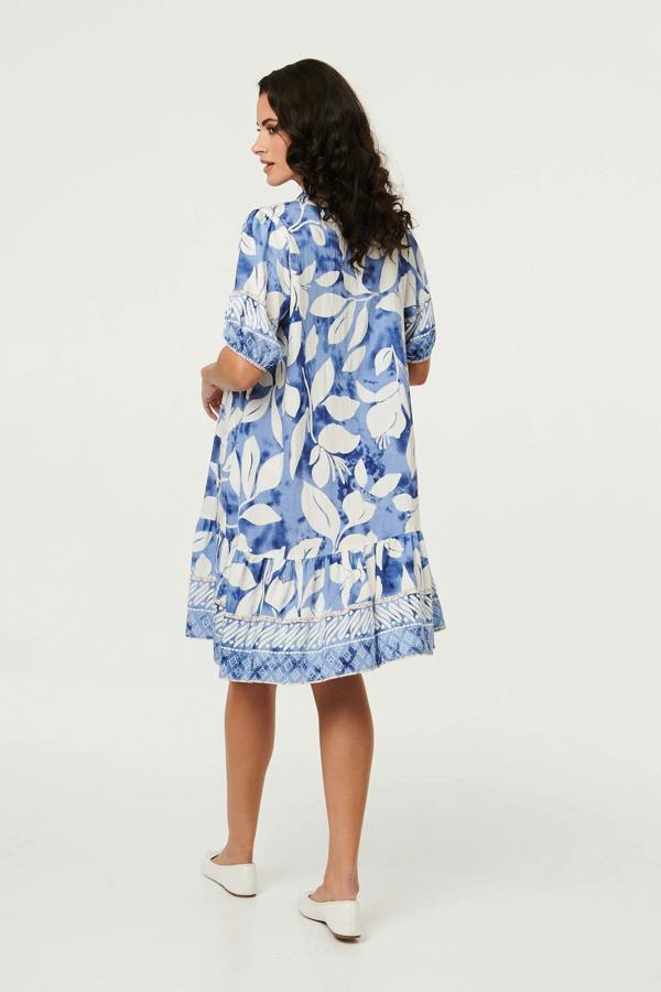 Blue | Leaf Print 1/2 Sleeve Knee Length Dress