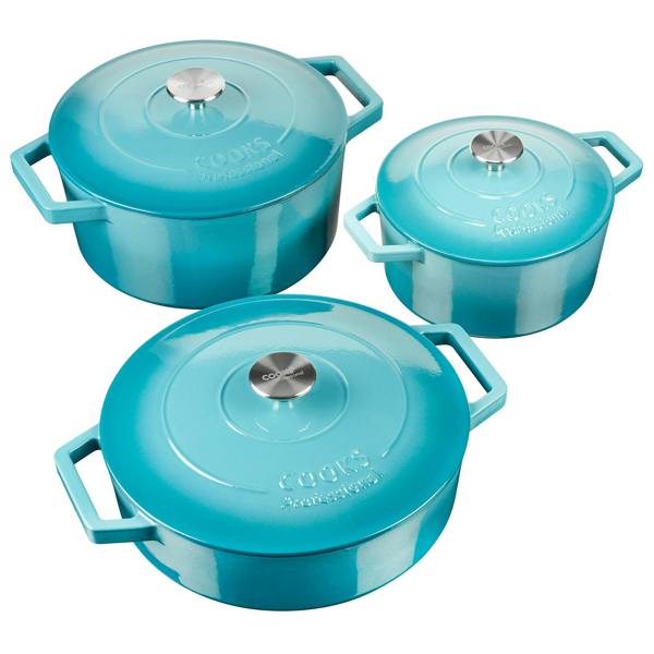 Cooks Professional Set of 3 Cast Iron Casserole | 20cm, 26cm and 28cm | Teal