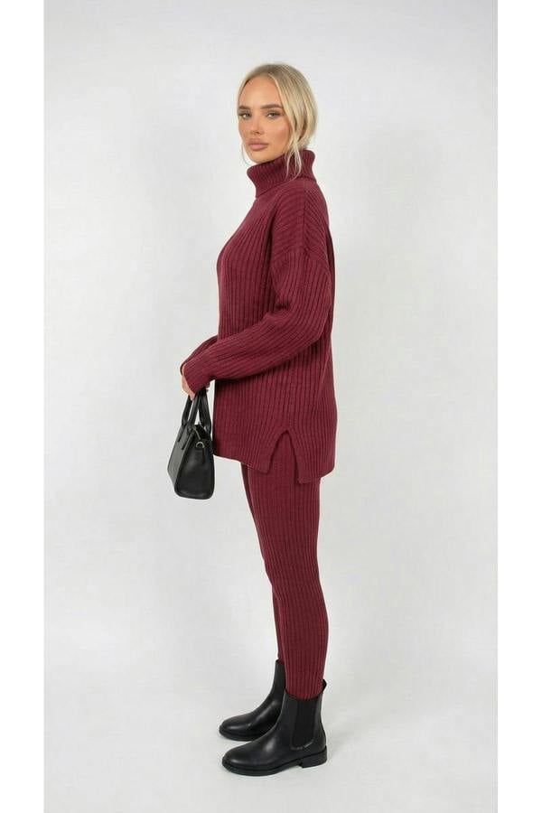 ikrush Mila Chunky Knitted High Roll Neck Top Bottom Co-ord Set