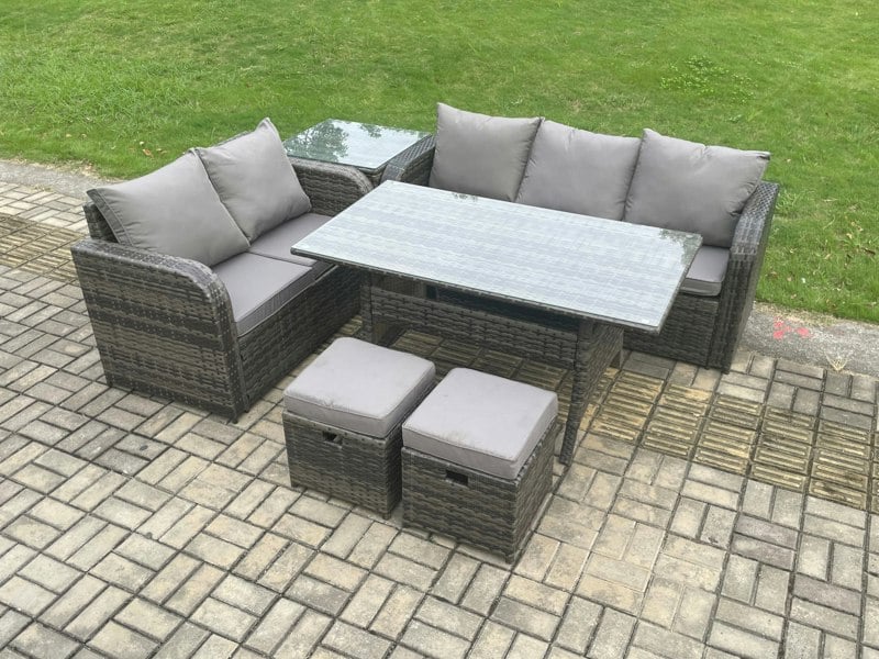 Fimous Outdoor Garden Patio Furniture Set - Dark Grey Mixed Wicker Rattan Oblong Dining Table & Lounge Sofa with 2 Small Footstools