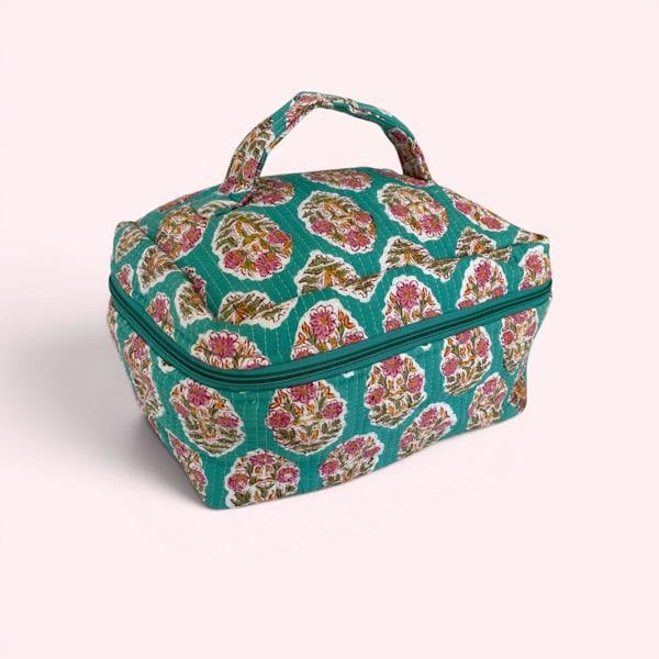 Hayley & Co Vanity Bag - Quilted Cotton Toiletry Bag in Turquoise Block Print