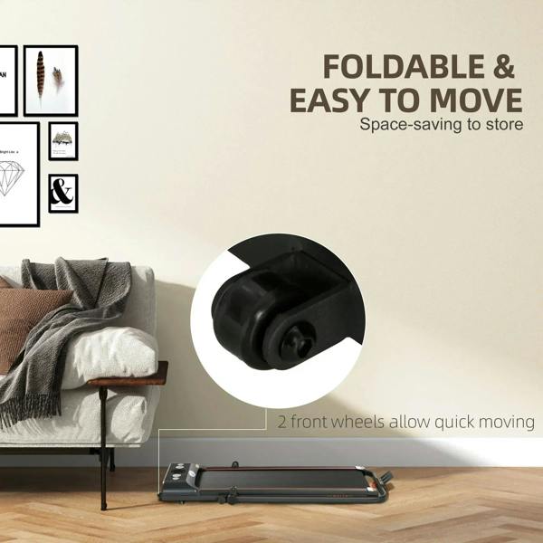 Black folding treadmill with two front wheels for easy moving and storage