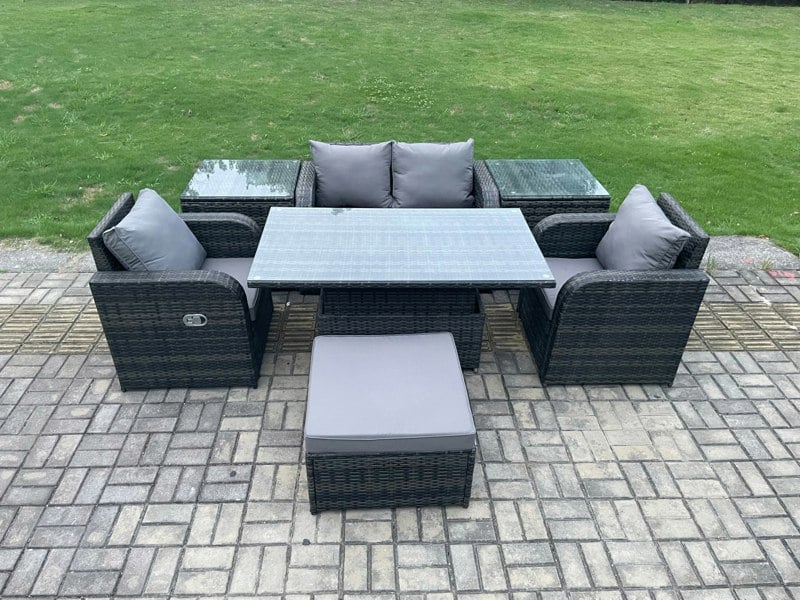 Fimous Outdoor Rattan Furniture Garden Dining Set Height Adjustable Rising lifting Table Love Sofa Chair With 2 Side Tables Big Footstool