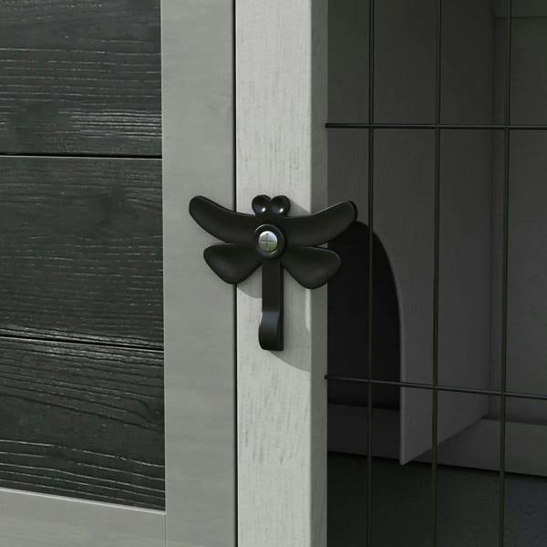 Grey hutch door latch handle with black wire mesh panel detail