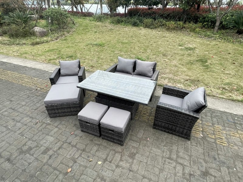 Fimous Rattan Outdoor Furniture Adjustable Rising Lifting Rectangle Dining Table Chairs Two Seater Love Sofa Sets 3 Footstools 7 Seater