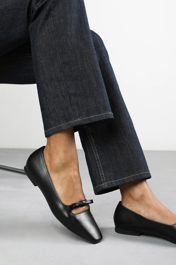 Where's That From Hope Square Toe Ballet Flats With Knot Bow In Black Faux Leather
