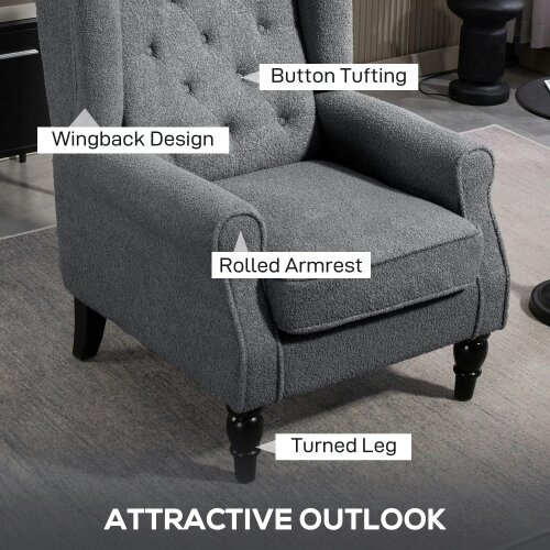 Wyld Haus Nocova Grey Boucle Retro Wingback Accent Armchair Soft Sherpa Fleece Upholstery