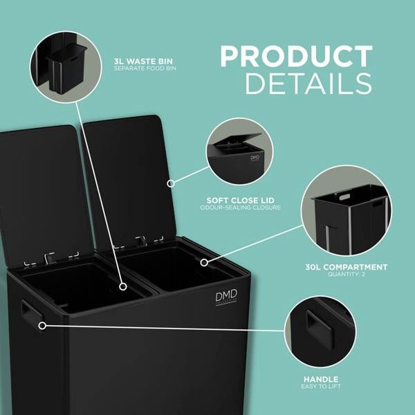 DMD Collective Dual Kitchen Bin – 60L Stainless Steel Waste & Recycling Bin