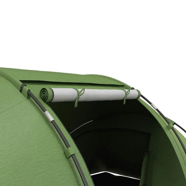 Dark green tunnel tent interior roof with rolled fabric bundle and support frame