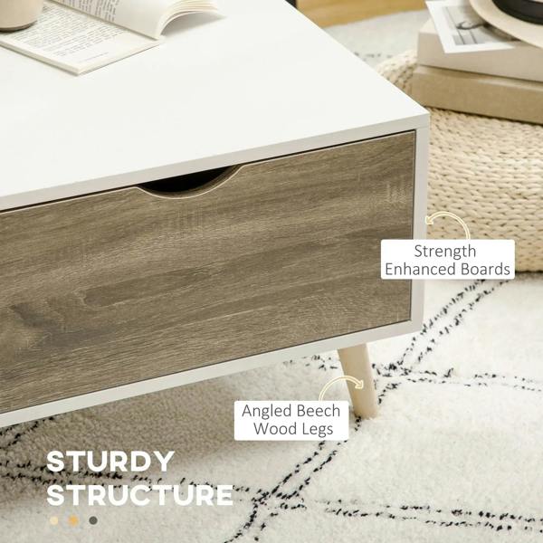 Two-tone drawer front detail on white coffee table with dark panel and curved cutout