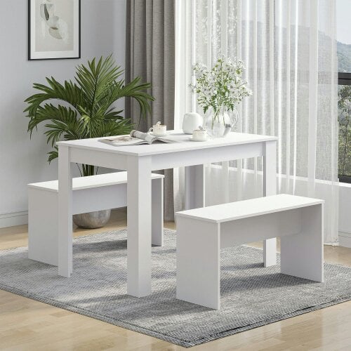 Wyld Haus Sono Wooden White Dining Table With 2 Benches For Compact Spaces