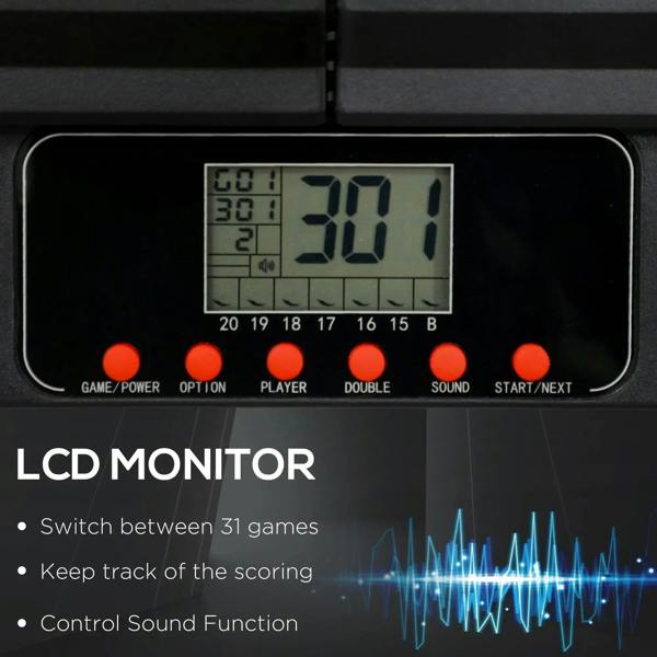 Electronic dartboard LCD score display with black control buttons