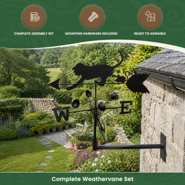 Cat & Mouse Steel Weathervane, Black Painted All-Steel Weather Vane With Wall Fixings and 1.7m Ground Spike, Wind Speed Cups