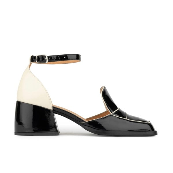 Embassy London Mayfair - Black & Cream - Women's square toe patent leather 2 inch heel sandal