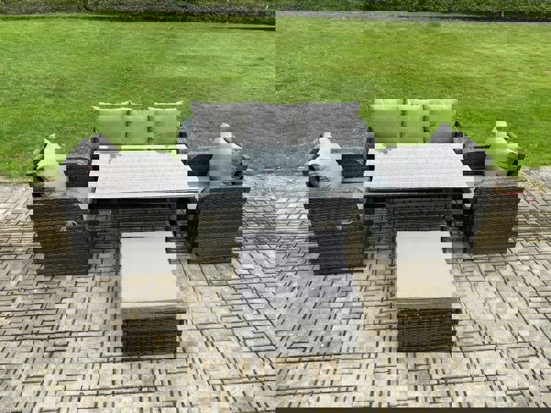 Fimous Wicker PE Rattan Garden Furniture Set Outdoor Rectangular Dining Table and Chair Sofa Set With Big Footstool Dark Grey Mixed