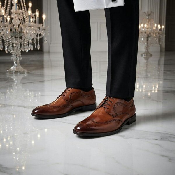 Paul Andrew Cambridge - Men's Tan Brown Wingtip Brogue Derby Shoes